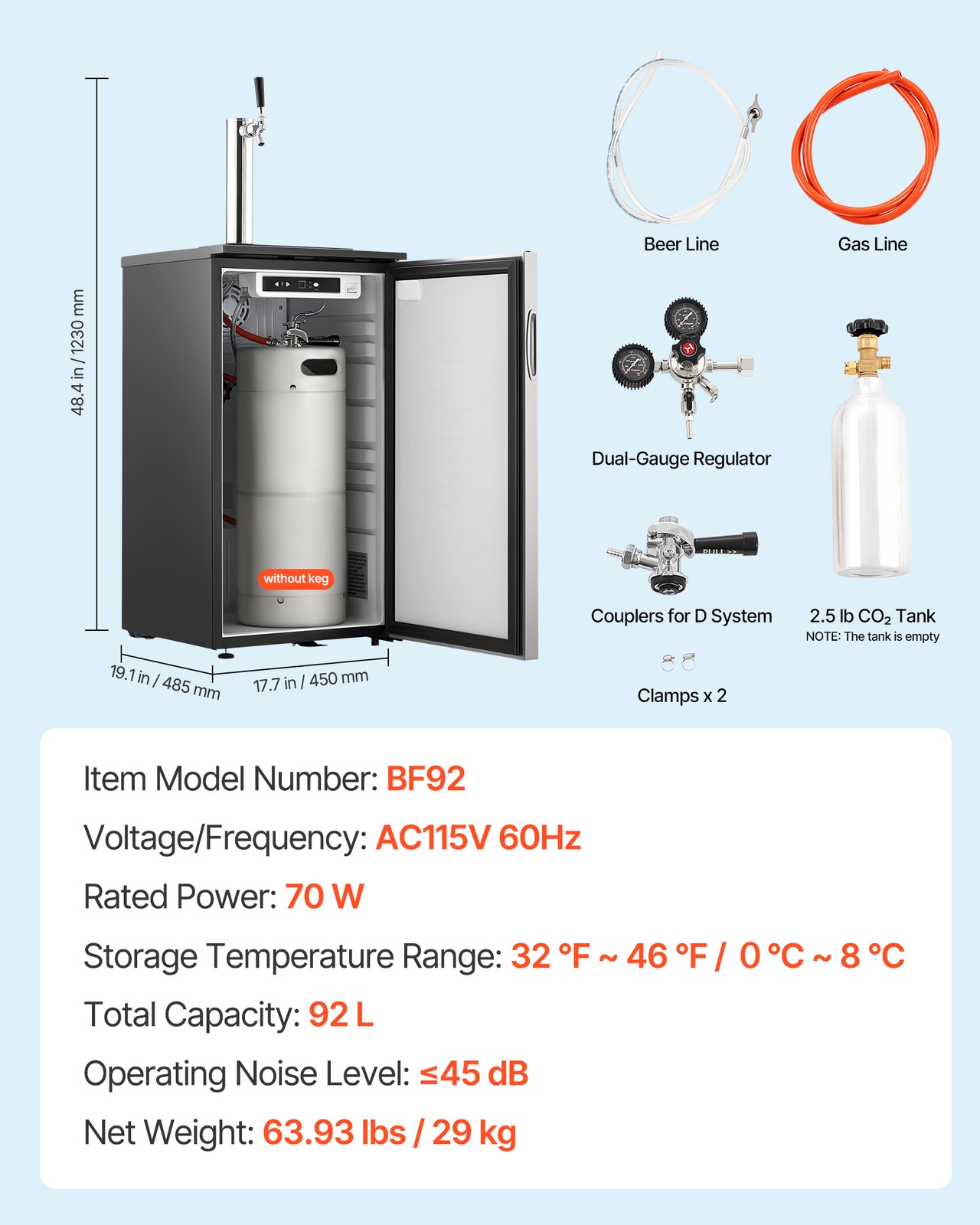 VEVOR Beer Kegerator with CO2 Tank Single-Tap Beer Dispenser 92L Refrigerator