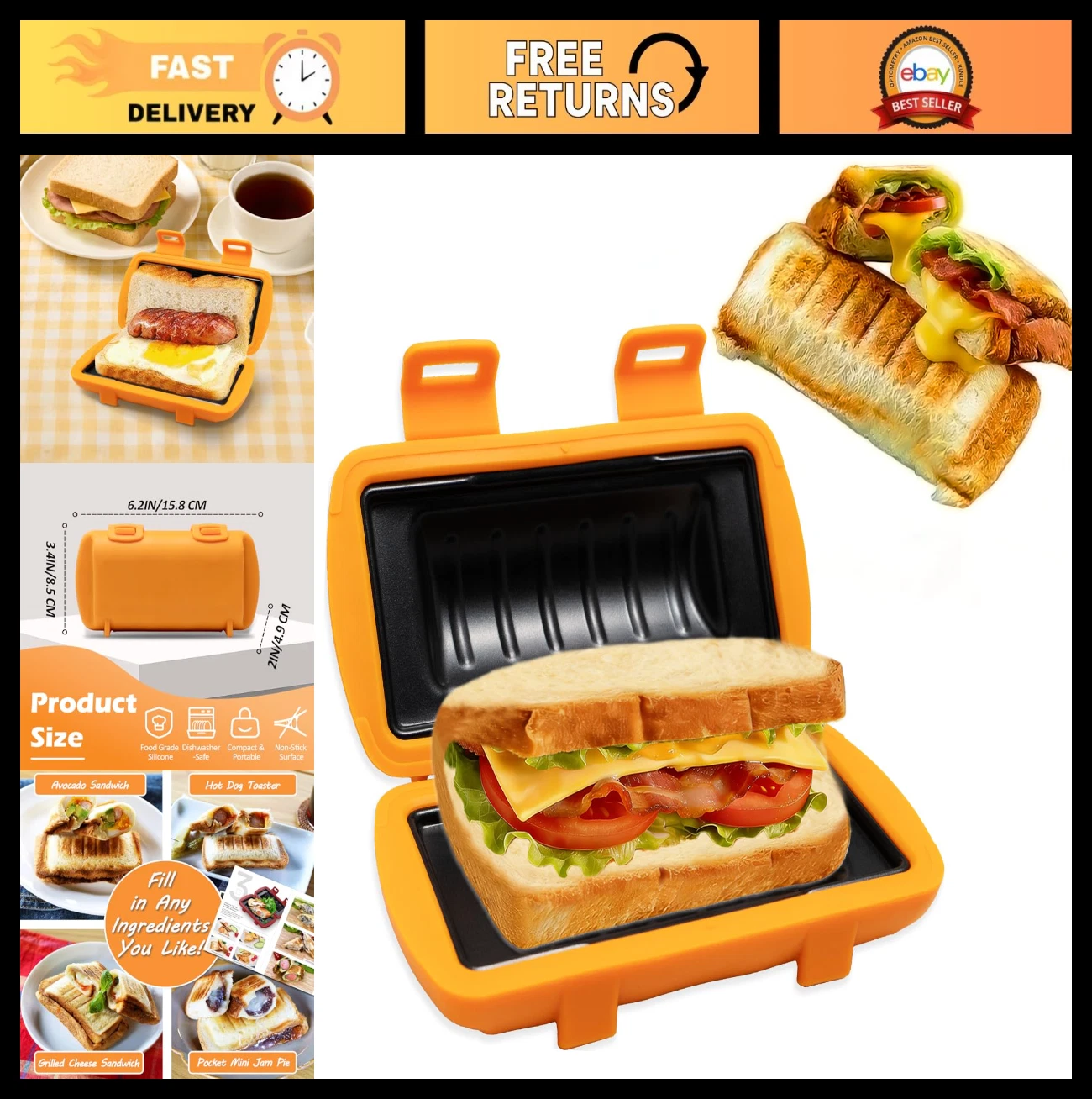 Microwave Sandwich Maker & Grilled Cheese Press - Non-Stick Panini & Hot Dog Toa