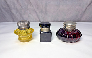 Three Antique Colored Glass Inkwells Ruby Red Black and Yellow SI 39