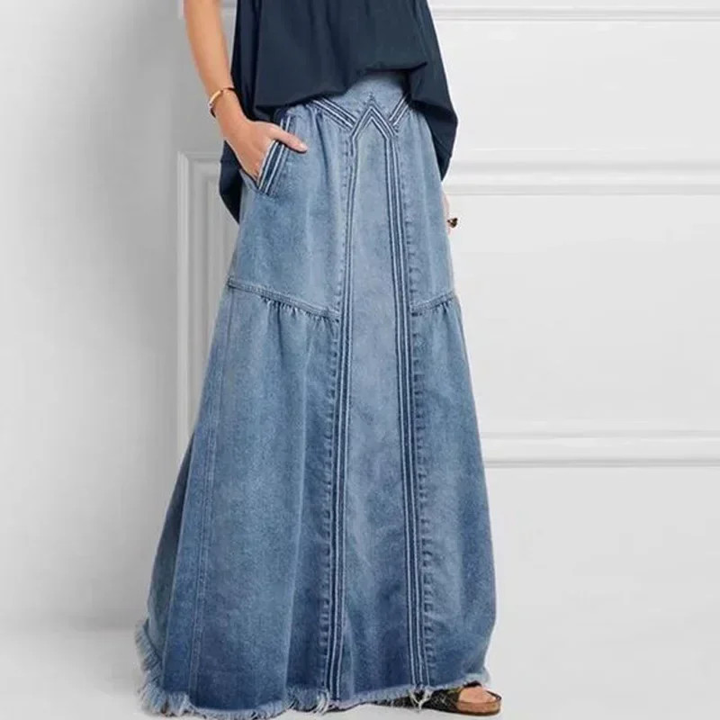 Women's Denim A Line Skirt Bleached Elastic High Waist Full Length Long Skirt Po