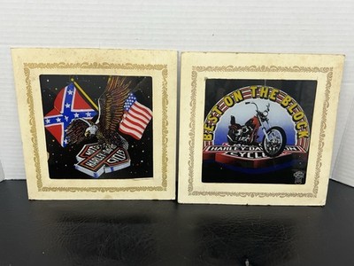 2 Vtg Carnival Fair Glass Prize Framed Harley Davidson Cycles Eagle Motorcycle