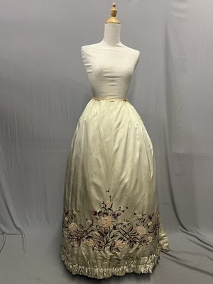 1880 s Light Celery Green Silk Bustle Skirt - Heavy Embroidered & Beaded Florals
