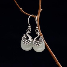 White Jade Earrings Carved Phoenix S925 Silver Earrings Ethnic Style Jewelry