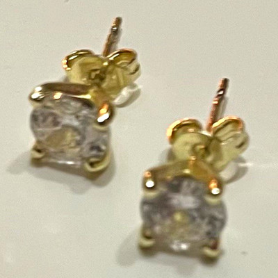 Gold Tone Metal Round Cubic Zirconia Stud Earrings Prong Set Butterfly