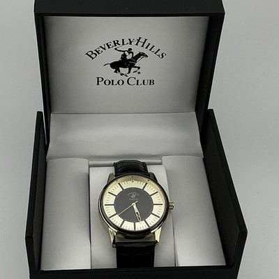 Beverly Hills Polo Club Men s Quartz Analog Dress Watch Black Leather Strap Box
