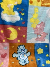Vintage CARE BEARS Plush Baby Blanket Lux Crib Throw 45"x 30" Moon Stars Hearts