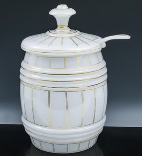 IMPRESSIVE LARGE ANTIQUE BARREL FORM GOLD GILT FRENCH OPALINE GLASS PUNCH BOWL