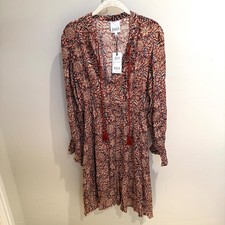 Raga Women Floral Block Print Boho Midi Dress Rust Navy Long Sleeve Size M R4883