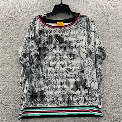 RUBY RD Blouse Womens Petite Medium Top Floral 3/4 Sleeve White Black Sheer