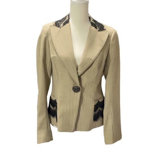 Yoana Baraschi VTG One Snap Button Black Tan Pinstripe Lace Blazer Lined Size 6 - Picture 1 of 8