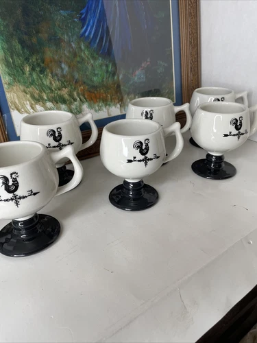 VTG-Caribe Puerto Rico Rooster Black Footed Pedestal White Cup Mug Set of 6