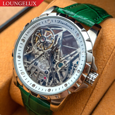 Mens Automatic Mechanical Watch - Silver White Dial Green Leather Deployant