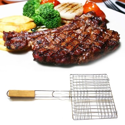 BBQ Grill Basket Barbecue Net Meat Fish Vegetable Holder 39x22 CM Wood Handle