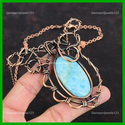 Oval Hemimorphite Gemstone Copper Chain Wire Wrapped Birthday Sister Necklace