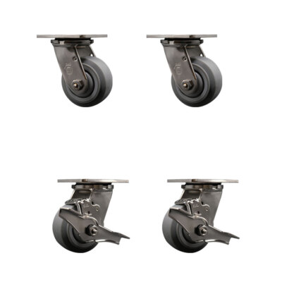 4 Inch 316SS Thermo Rubber Flat Tread Swivel Caster Set w/Ball Bearings 2 Brakes