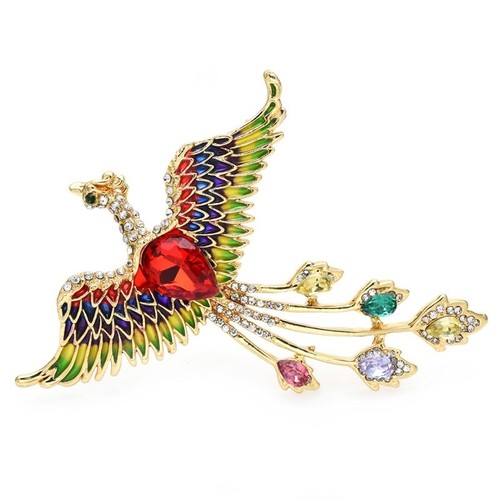 Broche Oiseau Phénix – Acier Doré, Cristal Rose, Multicolore, Neuve
