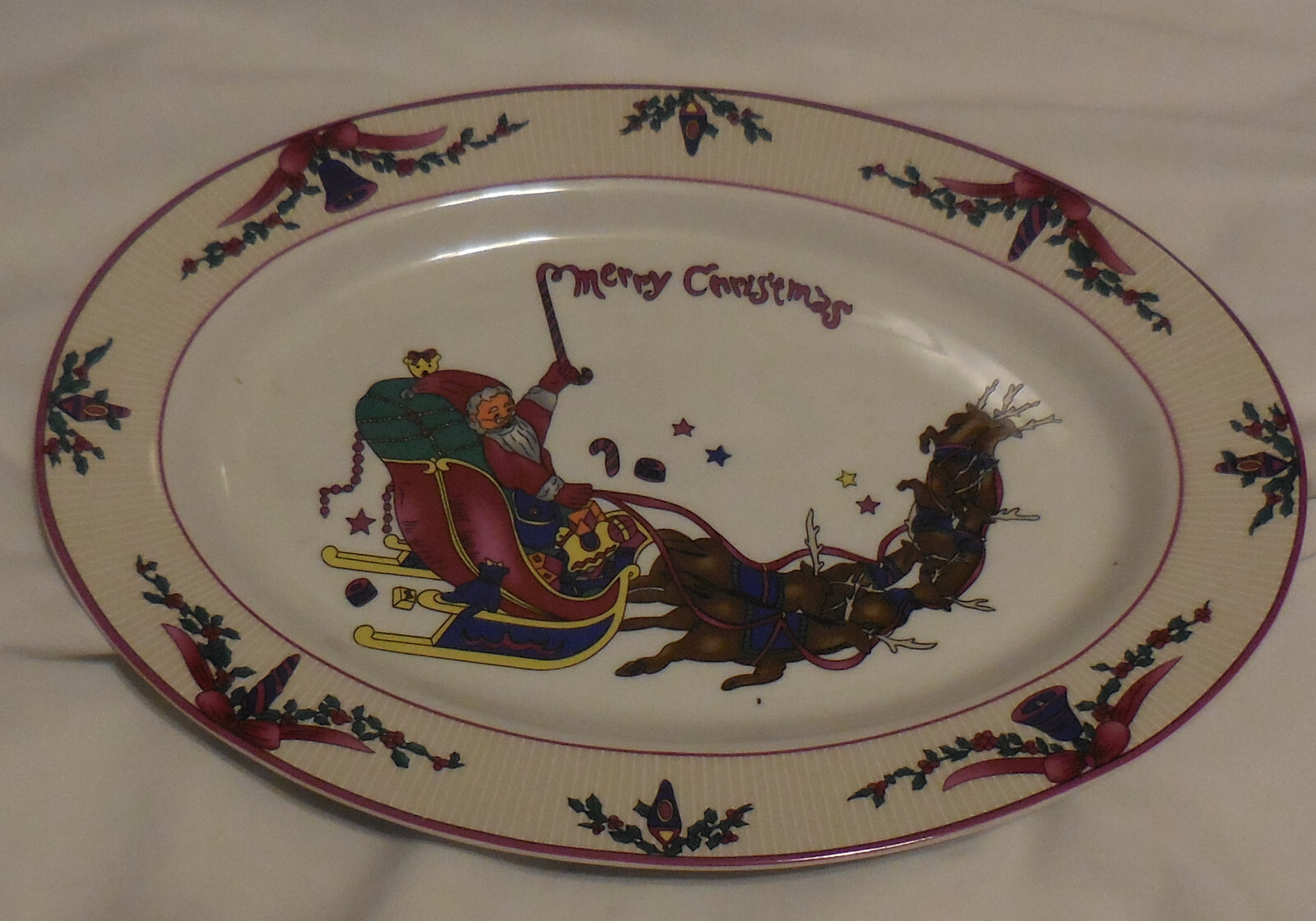 1 a Holiday Merry Christmas Oval Serving Plate Santa Claus Reindeer Sleigh VTG