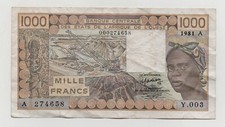 WEST AFRICAN STATES IVORY COAST 1000 FRANCS 1981 PICK 107AB LOOK SCANS