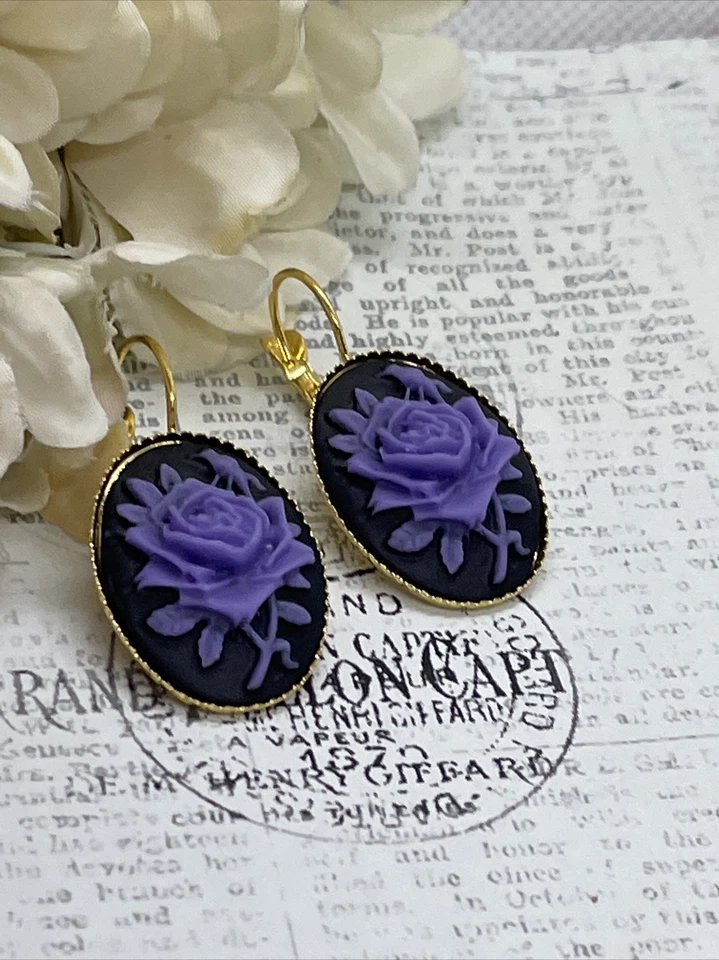 Pendientes camafeo cumpleaños oro púrpura y negro gótico rosa boda Foto 2 de 4