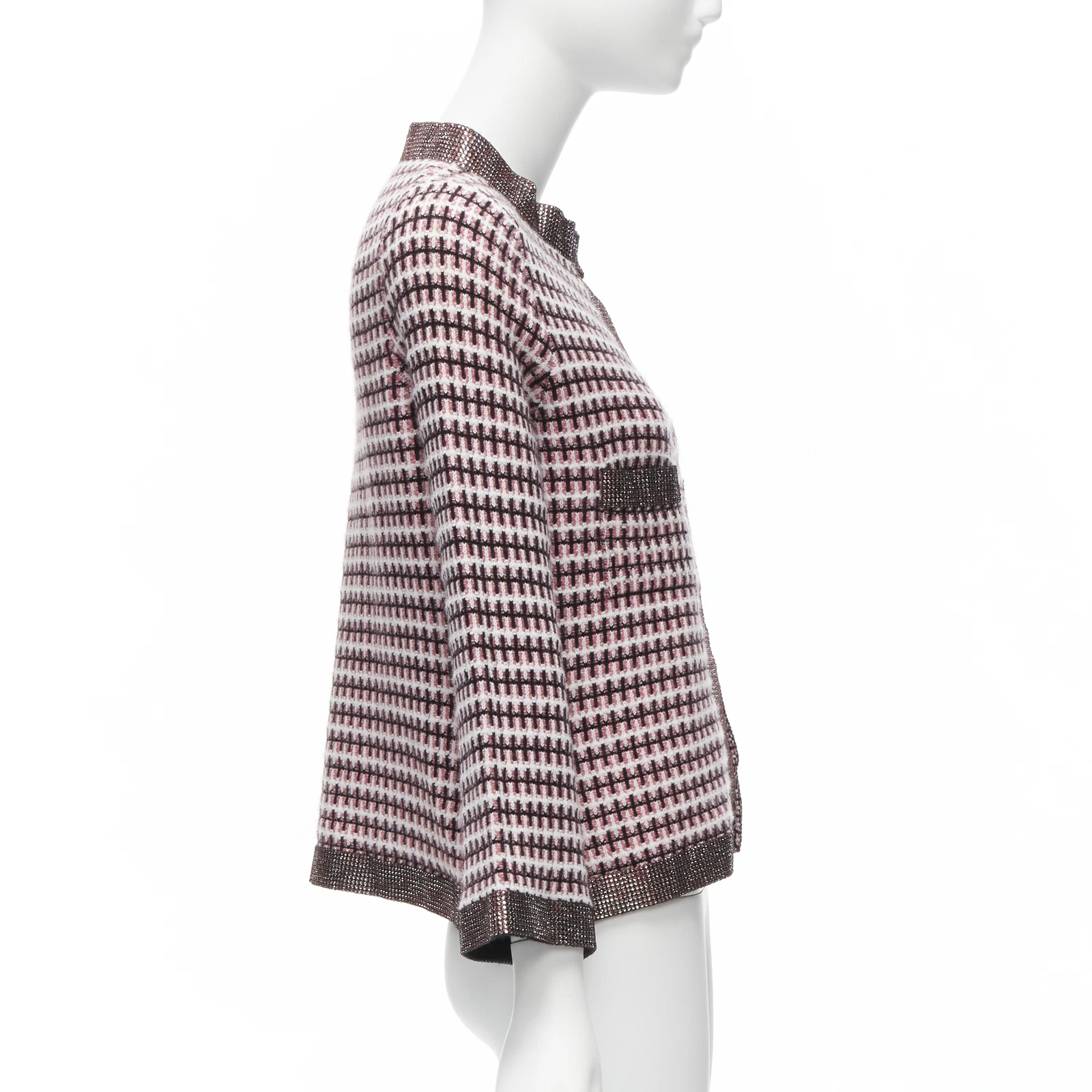 Giacca cardigan CHANEL rosa 100% cashmere tweed bordo cristallo swing FR34 XS