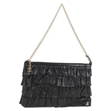 CHANEL Chain Gathered Hand Bag Lamb Skin Black Gold CC Auth yk18016AM