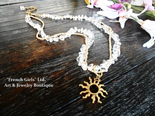 Raw Clear Quartz Sun Gemstone Necklace Charm Pendant Rock Crystal Gold Women 