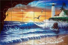 Ceramic Tile Mural Backsplash Wilkie Ocean Beach Seascape Lighthouse POV-JWA011