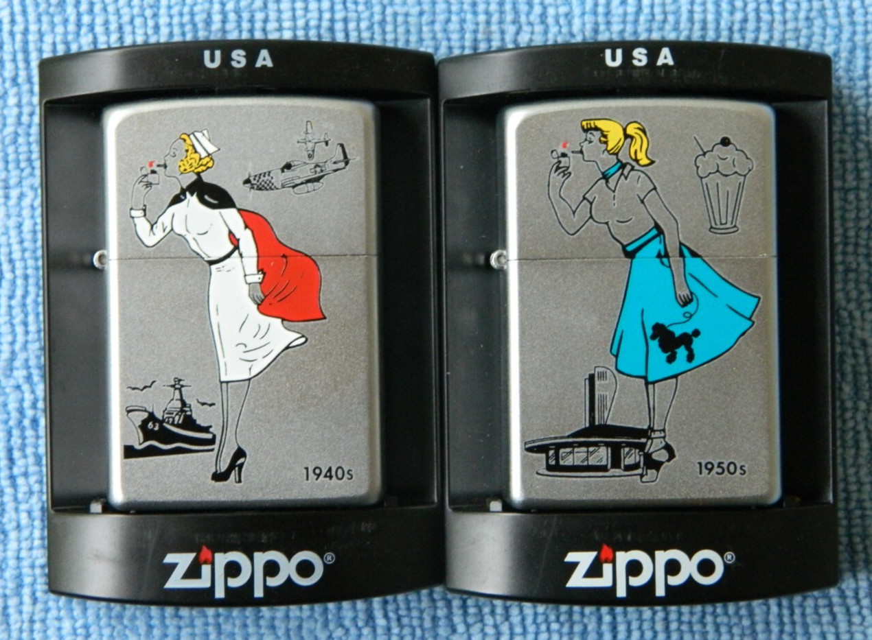 1940s & 1950s Windy Girl Zippo Lighters, Unfired, Circa 2007, Lot of 2