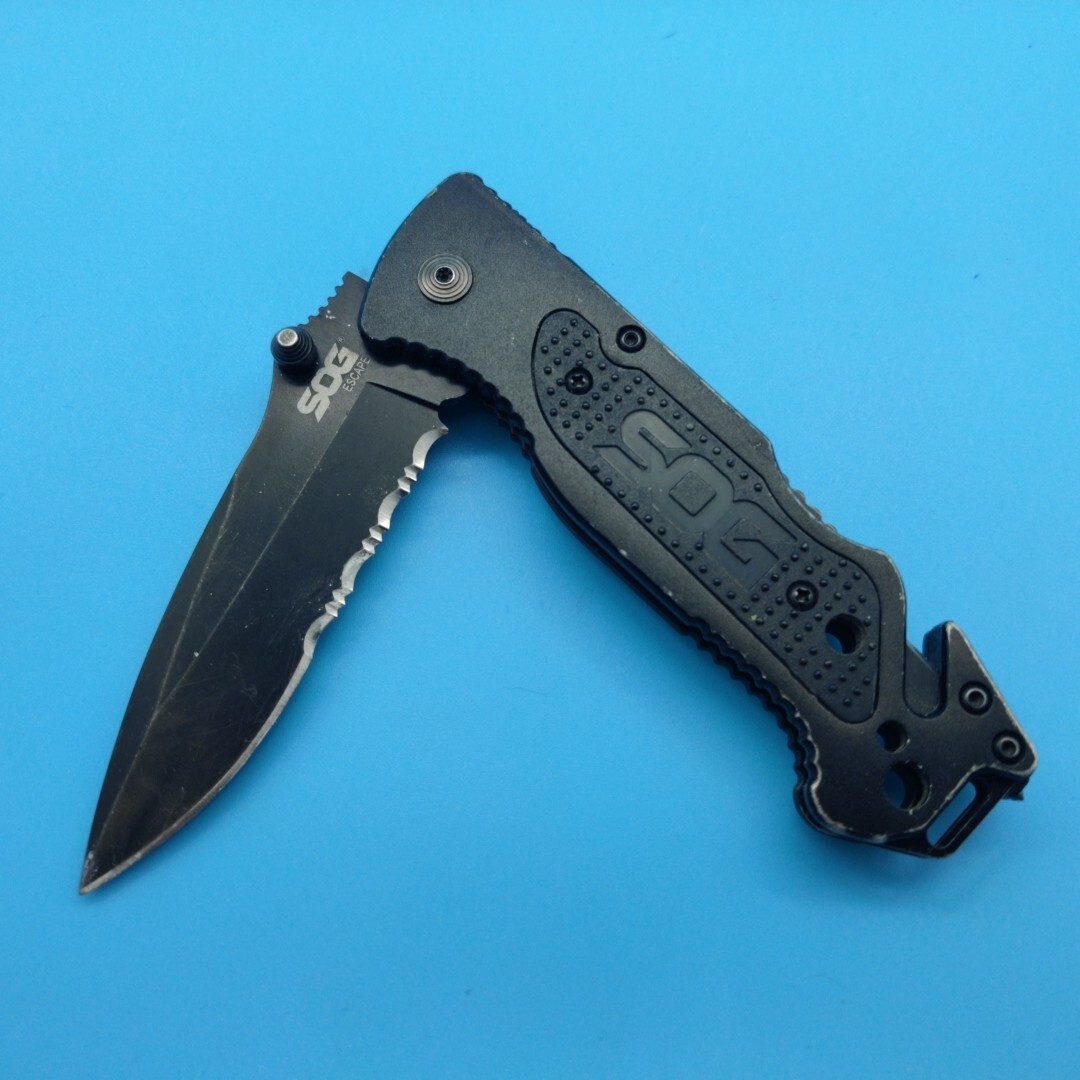 SOG Escape Black Folding Pocket Knife Glass Breaker, Combo Edge Blade