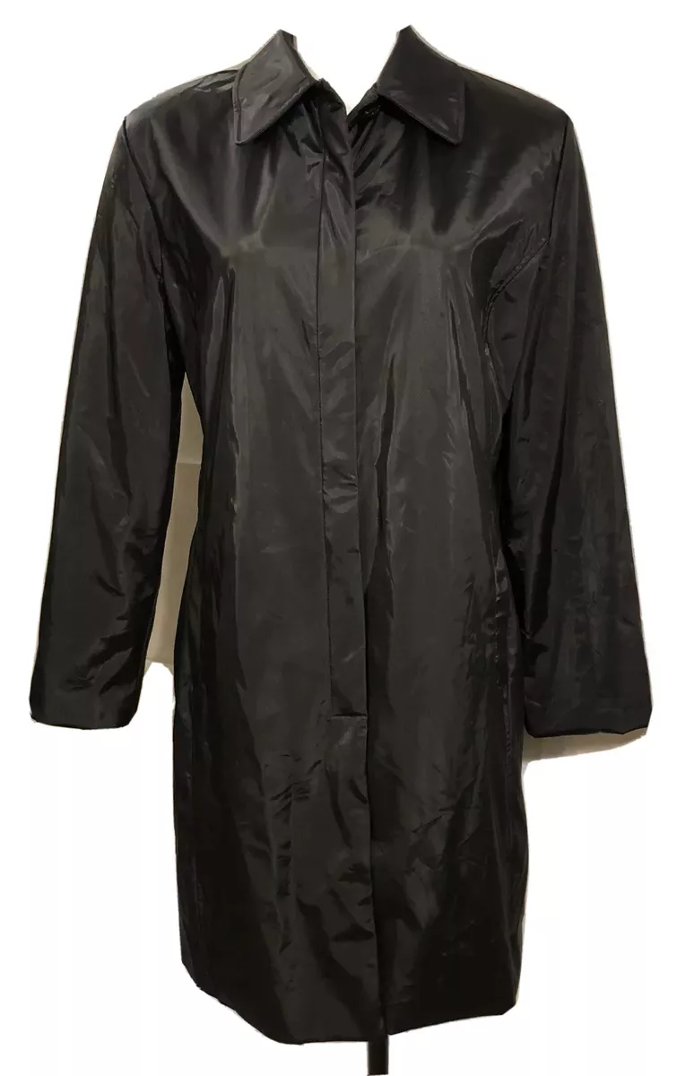 Weather Tamer Rain Coat Jacket Medium Black Lined Fitted Waist Pockets Knee Leng