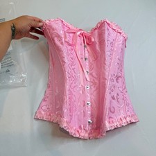 Vrapo V-819 Pink Jacquard Corset Top Lace Up Ruffle Trim Floral Damask XS New