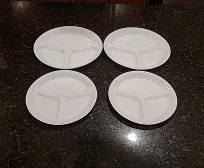 SET OF 4 Corelle WINTER FROST White Divided Plates: (2) 10.25  and (2) 8.5 