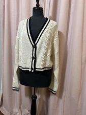 Hooked Up Women’s M Cardigan Varsity Cable Knit Ivory Cropped Academia Preppy