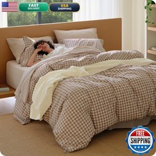 Bedsure PureWoven Gingham Duvet Cover Set Linen-Like Queen Size 3-PC