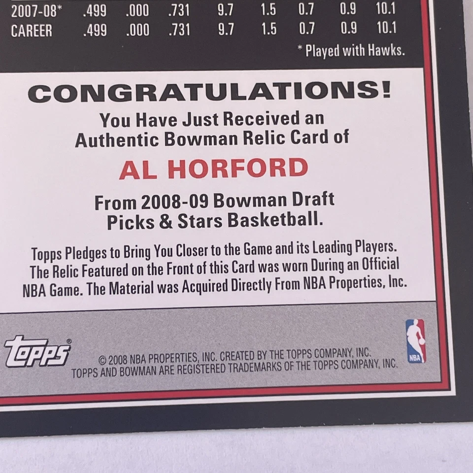 2008-09 Bowman Al Horford  Die Cut Jersey #BRAH Hawks - Celtics Champ NBA - Image 4 of 4