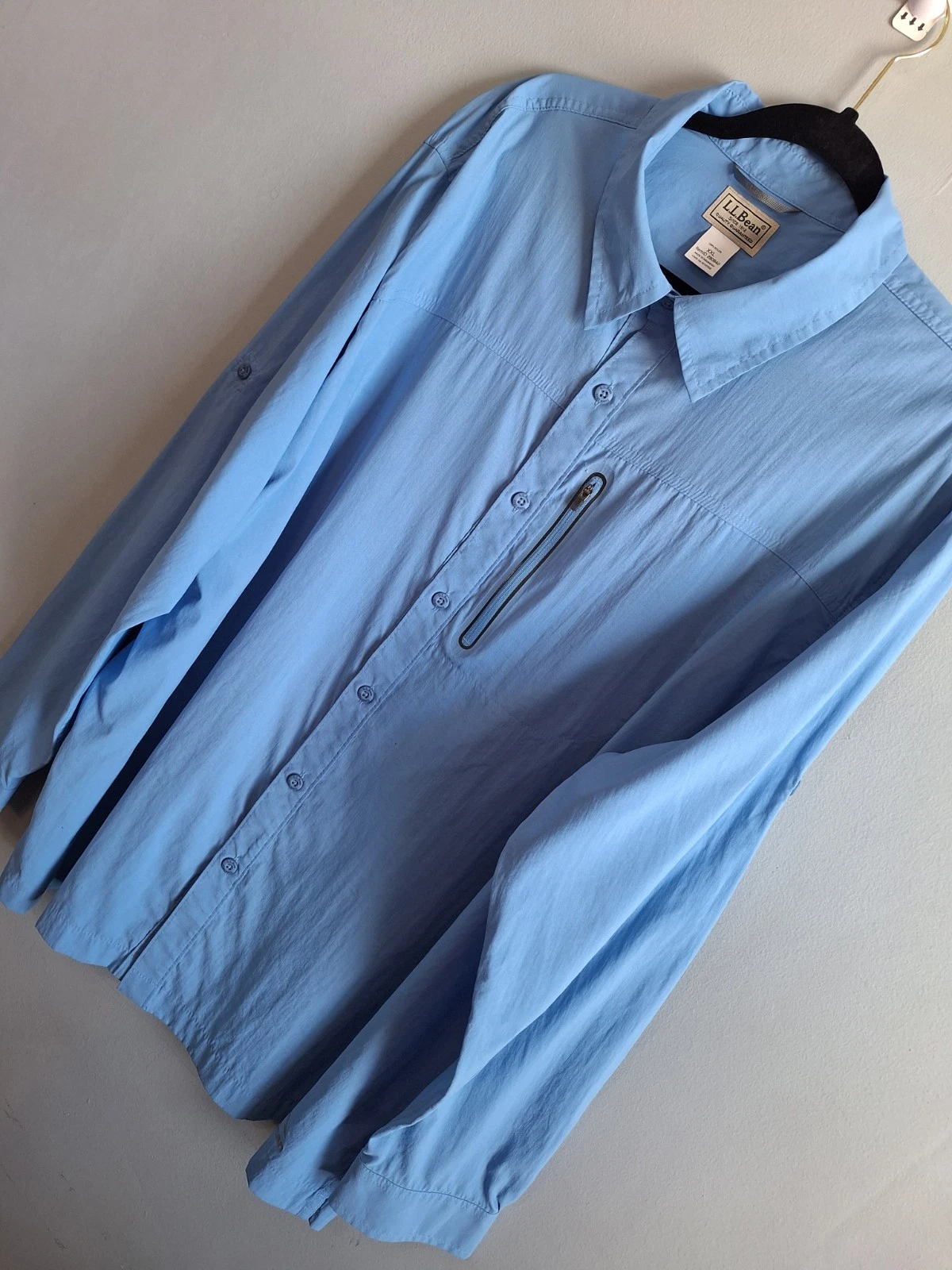 L.L. Bean Nylon Vented Fishing Button Up Shirt Mens XXL Blue Hiking Camping