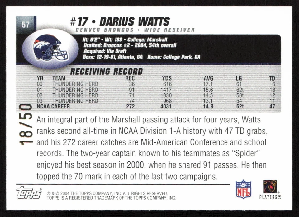 2004 Topps Signature Blue #/50 Darius Watts #57 Rookie Denver Broncos - Image 2 of 2