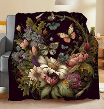 Vintage Flower Basket Butterfly Print Fleece Blanket, Warm Cozy Throw Blanket