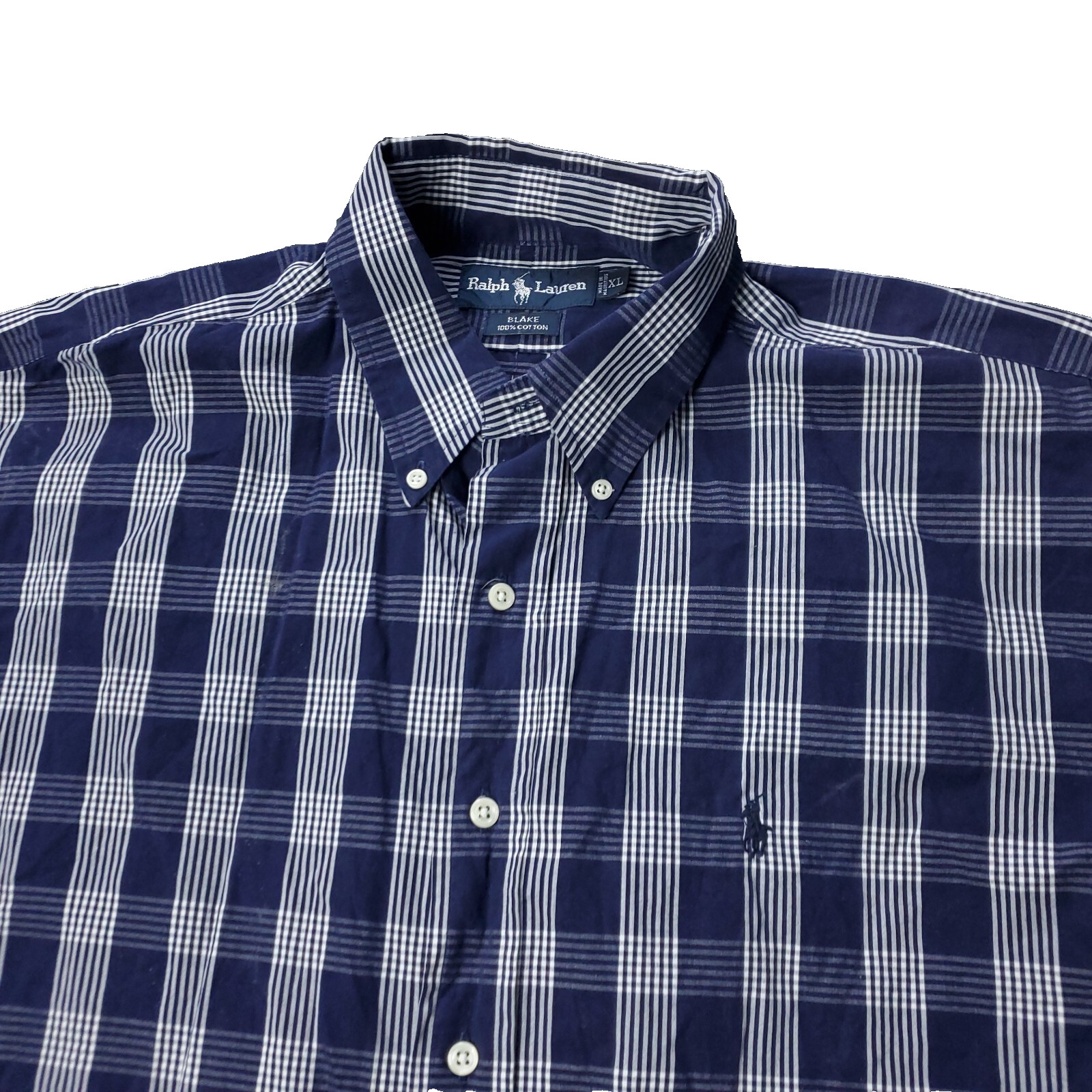 VINTAGE Polo Ralph Lauren Button Shirt Mens XL Short Sleeve Blue Check Plaid 90s