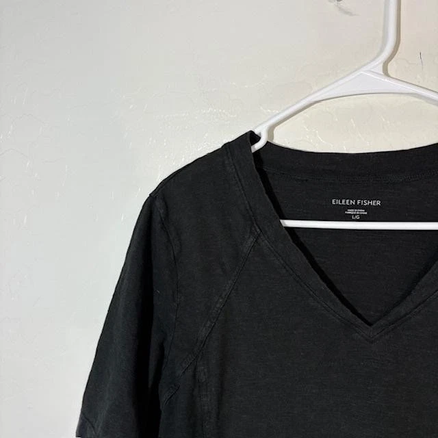 Eileen Fisher T Shirt Dress Womens Large Black V-Neck Hemp Organic Cotton - Image 2 of 4