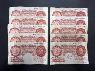 Bank Of England 10 Shillings "A Series" Vintage Banknote Set (10) LOT: 0111 019