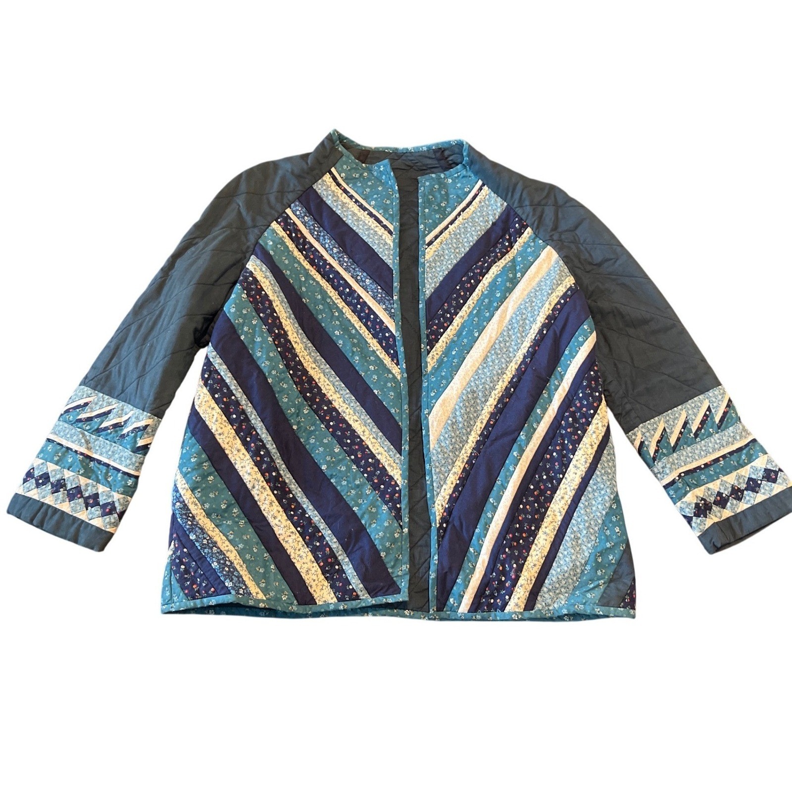 Handmade Quilted Patchwork Jacket Blue Floral Geo… - image 2