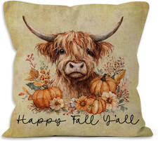 Vintage Fall Western Cow Throw Pillow Covers 18X18, Farmhouse Rustic Cow Autumn