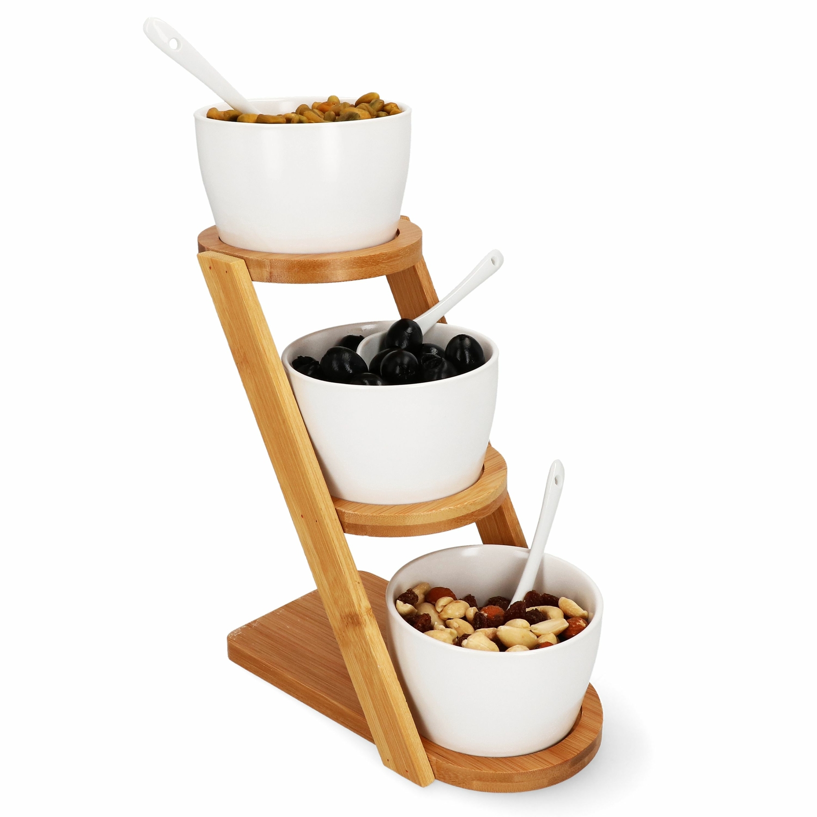 7-tlg. Servier-Schalen-Set 3x Porzellan-Schälchen & Löffel + Bambus-Ständer Dip