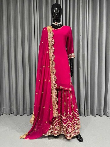 Traditional Look Pink Sharara Kurti Dupatta,Women Ethnic Wear Plus Size Sharara - Picture 3 of 6
