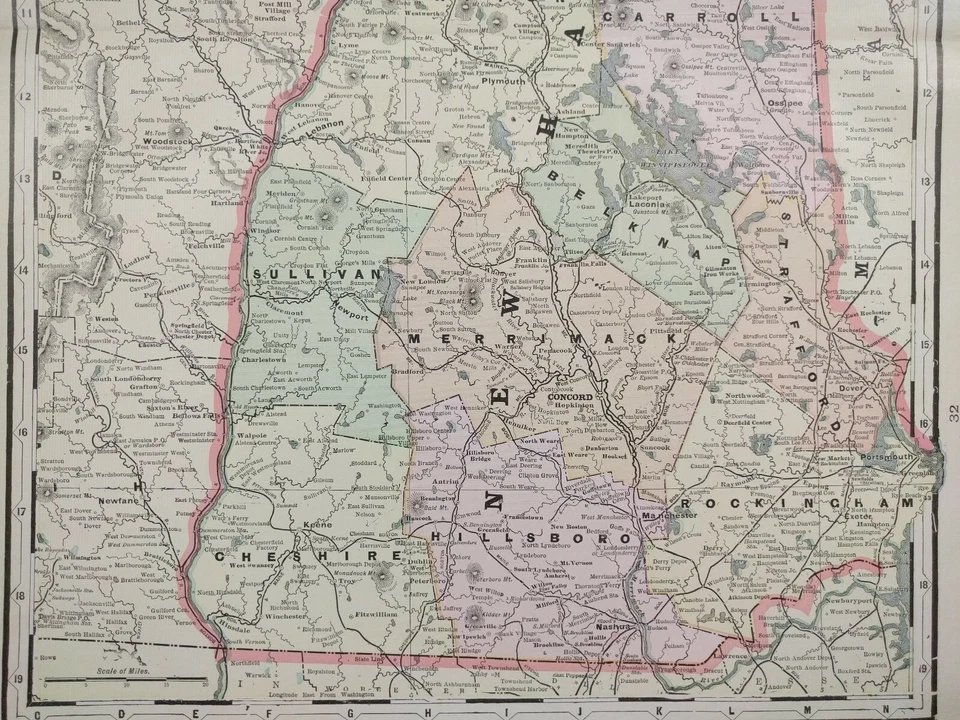 Vintage 1901 NEW HAMPSHIRE Map 14"x22" ~ Old Antique Original CONCORD LEBANON - Изображение 3 из 4