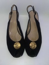 Vintage Bruno Magli Black Gold Slingback Wedges Shoes 7.5 Suede Peep Toe Italy