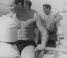 1940s Shirtless Man Rowing Boat Smiling Friends Relaxing Outdoors Water