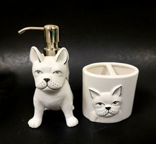 PERI HOME 2 PC SET 3D DOG SHAPE WHITE CERAMIC,SILVER SOAP DISPENSER,TOOTHBRUSH