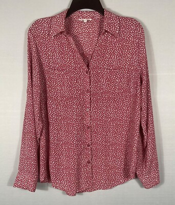 Maurice's Top Womens Med Pink Dot Button Up V-Neck Collared Long Sleeves